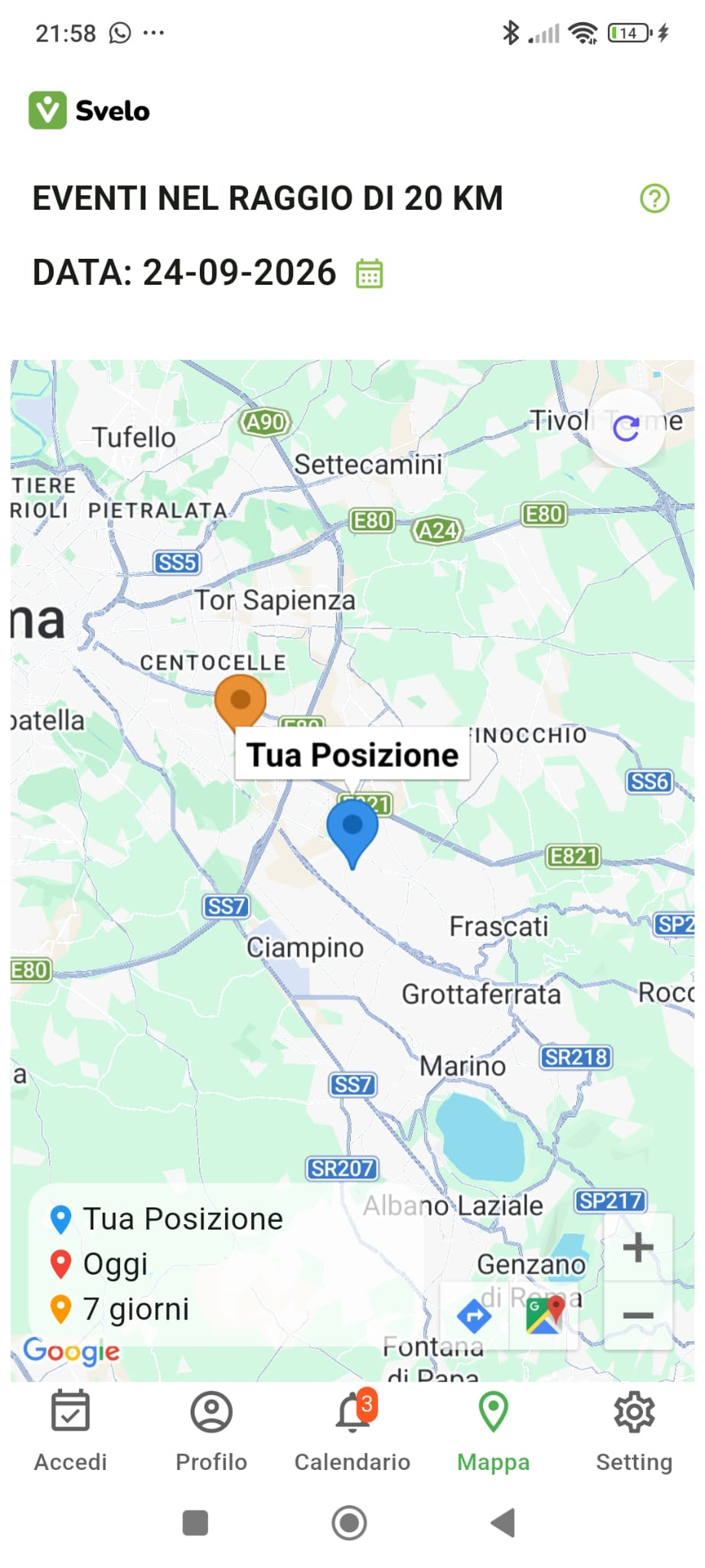 Schermata della mappa di SVELO: la tua posizione e, intorno, i locali con un evento attivo oggi o nei prossimi giorni.
